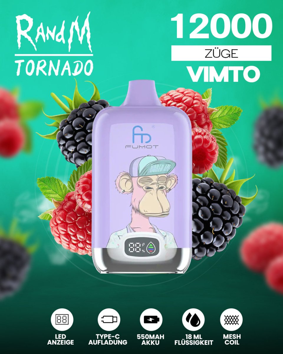 RandM Tornado 12000 - Vimto Einweg-Vape mit 12.000 Zügen und intensivem Beerenmix-Geschmack, inspiriert vom klassischen Vimto-Getränk für ein fruchtig-erfrischendes Dampferlebnis.