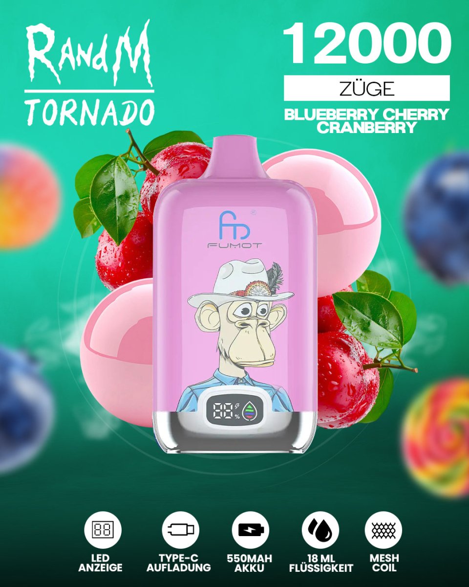 RandM Tornado 12000 - Blueberry Cherry Cranberry Einweg-Vape mit 12.000 Zügen und intensivem Beerenmix-Geschmack aus Blaubeere, Kirsche und Cranberry für ein fruchtiges Dampferlebnis.