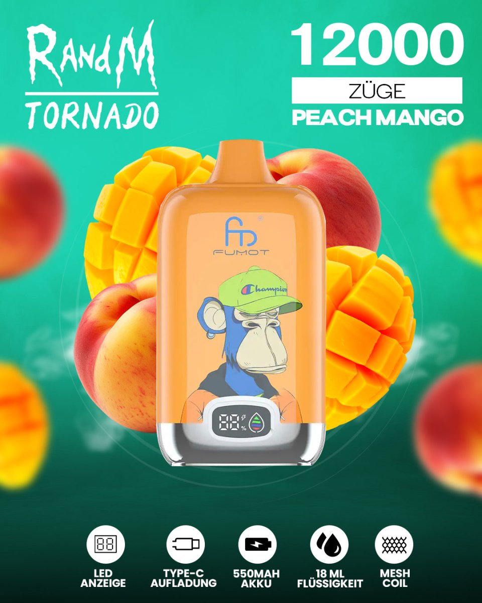 RandM Tornado 12000 - Peach Mango Einweg-Vape mit 12.000 Zügen und tropisch-fruchtigem Geschmack aus saftigem Pfirsich und süßer Mango für ein exotisches Dampferlebnis.