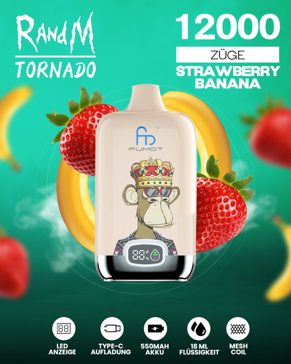 RandM Tornado 12000 - Strawberry Banana Einweg-Vape mit 12.000 Zügen und cremig-süßer Erdbeer-Bananen-Geschmackskombination für ein langanhaltendes Dampferlebnis.