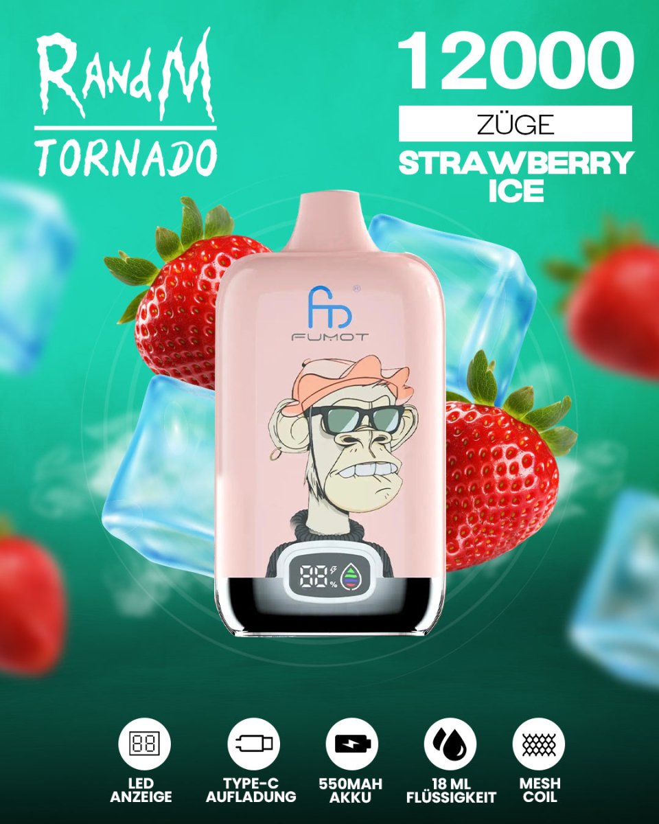 RandM Tornado 12000 - Strawberry Ice Einweg-Vape mit 12.000 Zügen und erfrischendem Erdbeer-Menthol-Geschmack für ein langanhaltendes Dampferlebnis.