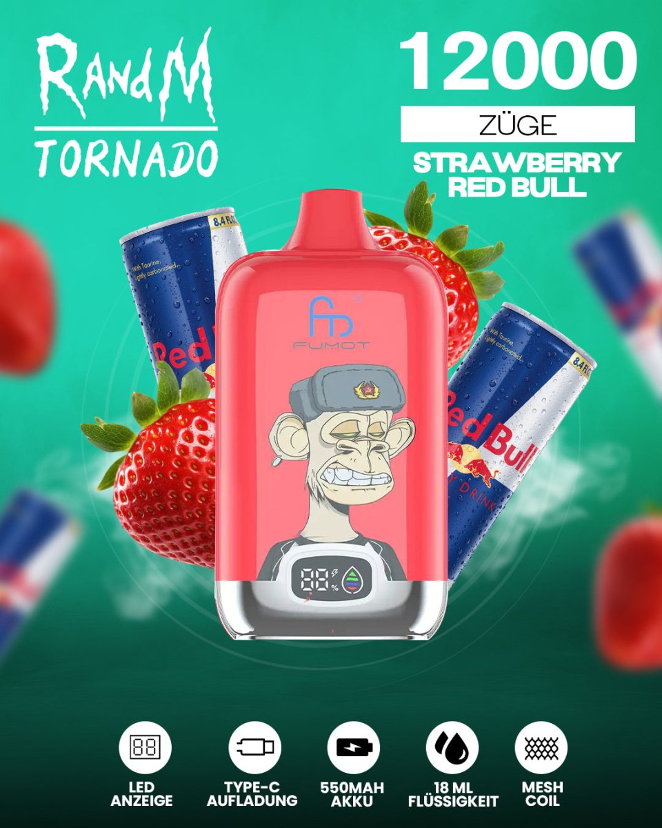 RandM Tornado 12000 - Strawberry Red Bull Einweg-Vape mit 12.000 Zügen und energiegeladener Kombination aus süßen Erdbeeren und dem belebenden Geschmack von Red Bull für ein intensives Dampferlebnis.