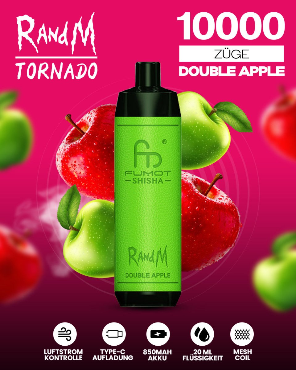 RandM Tornado 10000 Double Apple Shisha-Vape mit 10 000 Zügen und intensivem Doppelapfel-Geschmack