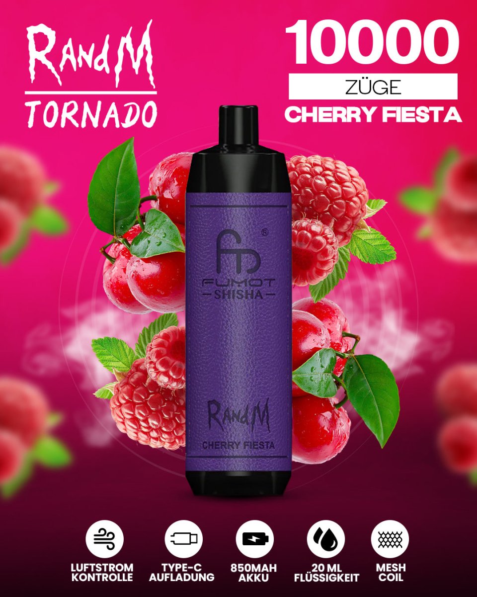 RandM Tornado 10000 Cherry Fiesta Shisha-Vape mit 10000 Zügen und spritzig-süßem Kirschmix-Geschmack
