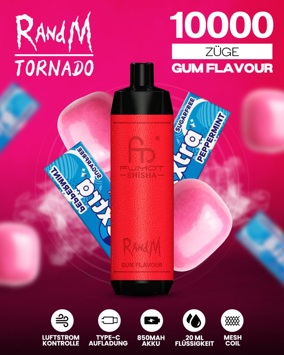 RandM Tornado 10000 Gum Flavour Shisha-Vape mit 10000 Zügen und süßem Kaugummi-Geschmack