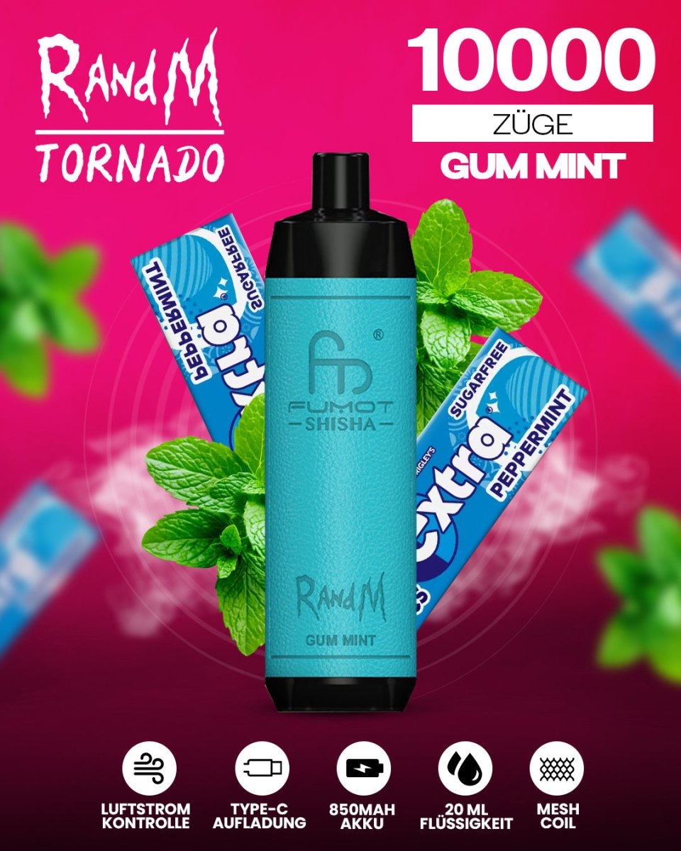 RandM Tornado 10000 Gum Mint Shisha-Vape mit 10000 Zügen und erfrischend-süßem Kaugummi-Minz-Geschmack