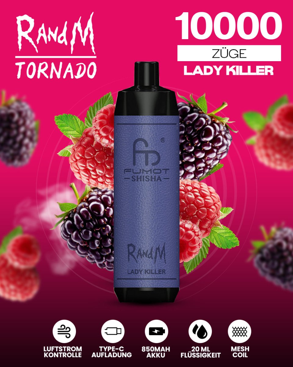 RandM Tornado 10000 Lady Killer Shisha-Vape mit 10000 Zügen und tropisch-fruchtigem Mango-Honigmelone-Beeren-Geschmack
