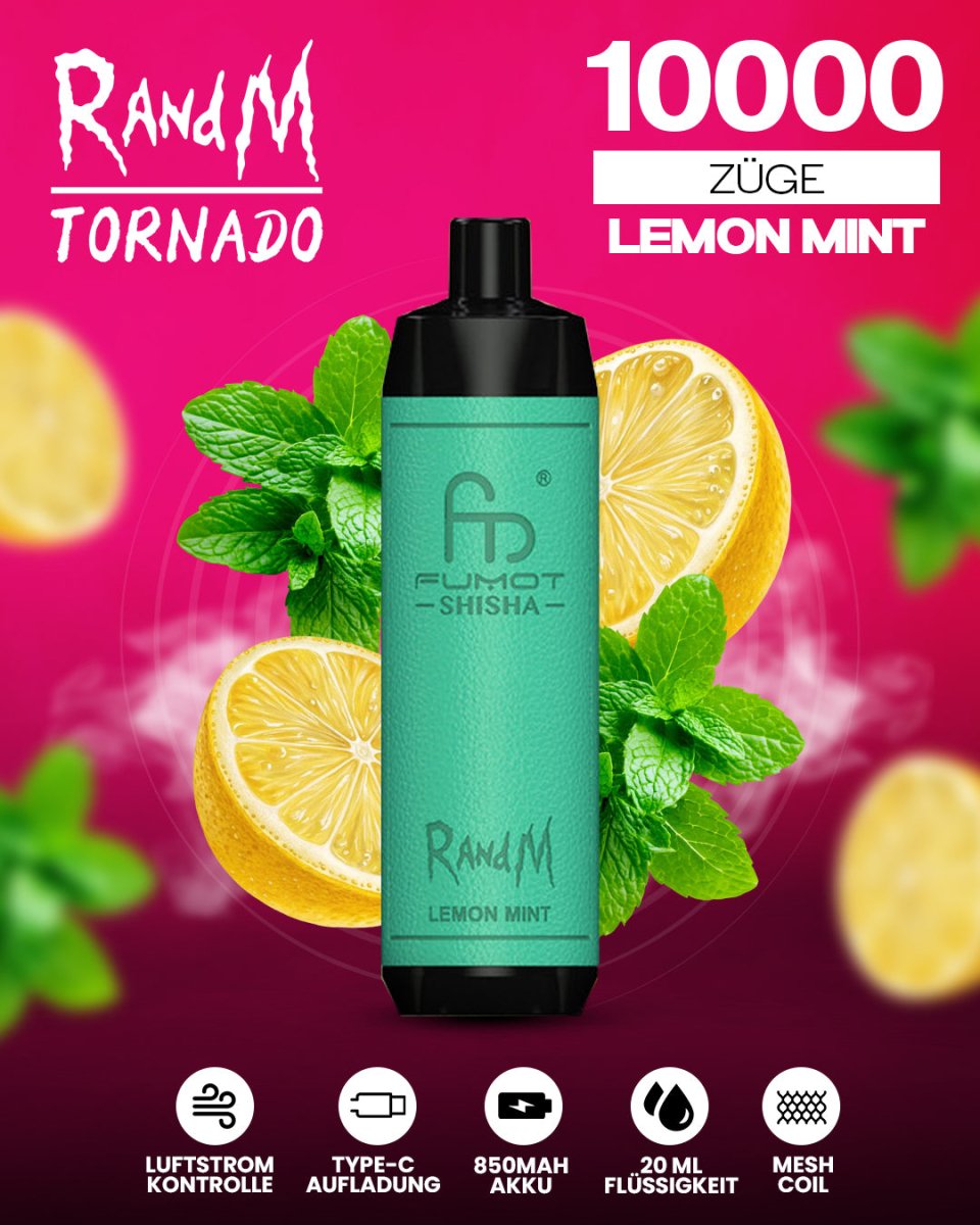 RandM Tornado 10000 Lemon Mint Shisha-Vape mit 10000 Zügen und erfrischend-zitronigem Minzgeschmack