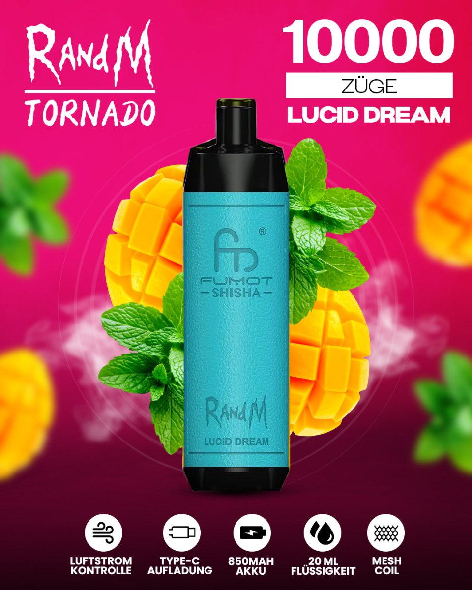 RandM Tornado 10000 Lucid Dream Shisha-Vape mit 10 000 Zügen und geheimnisvoll-fruchtigem Lucid-Dream-Geschmack