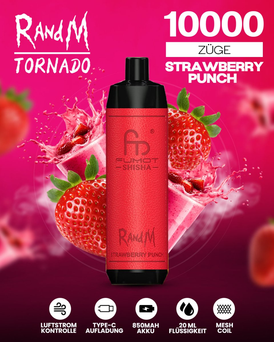 RandM Tornado 10000 Strawberry Punch Shisha-Vape mit 10000 Zügen und fruchtig-spritzigem Erdbeer-Punch-Geschmack