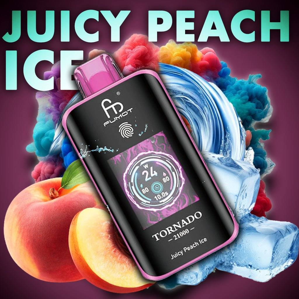 RandM Tornado Vape 25000 Juicy Peach Ice mit Dual Mesh Coil, umgeben von frischen Pfirsichen und Eiswürfeln für fruchtig-kühlen Dampfgenuss.