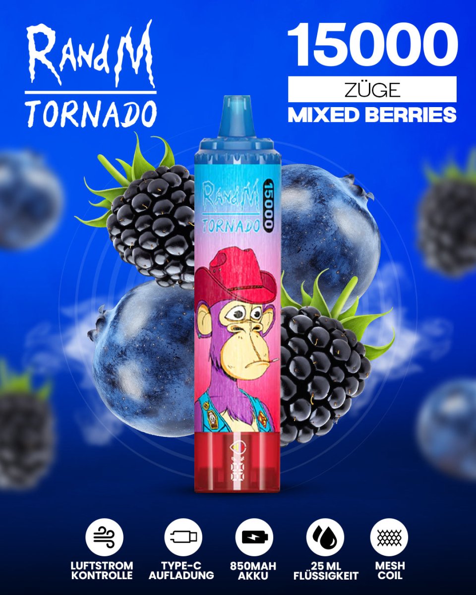 RandM Tornado 15000 Mixed Berries Einweg-Vape mit 15000 Zügen und fruchtig-säuerlichem Beerenmix-Geschmack