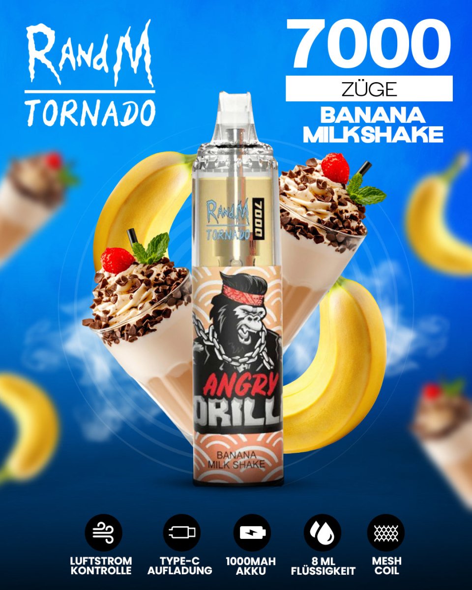 RandM Tornado 7000 Banana Milkshake Einweg-Vape mit 7000 Zügen und cremig-süßem Bananen-Milchshake-Geschmack
