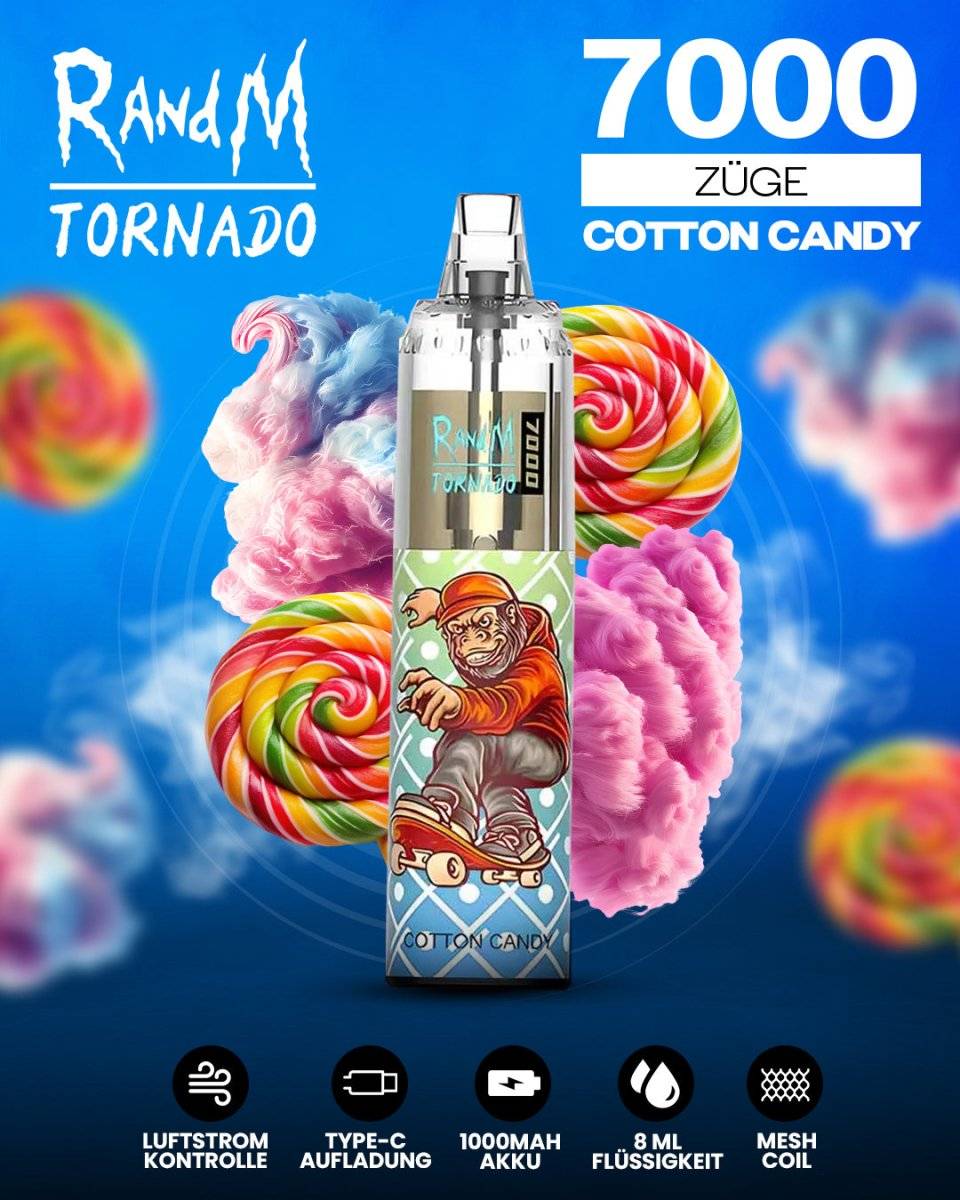 RandM Tornado 7000 Cotton Candy Einweg-Vape mit 7000 Zügen und süßem Zuckerwatte-Geschmack