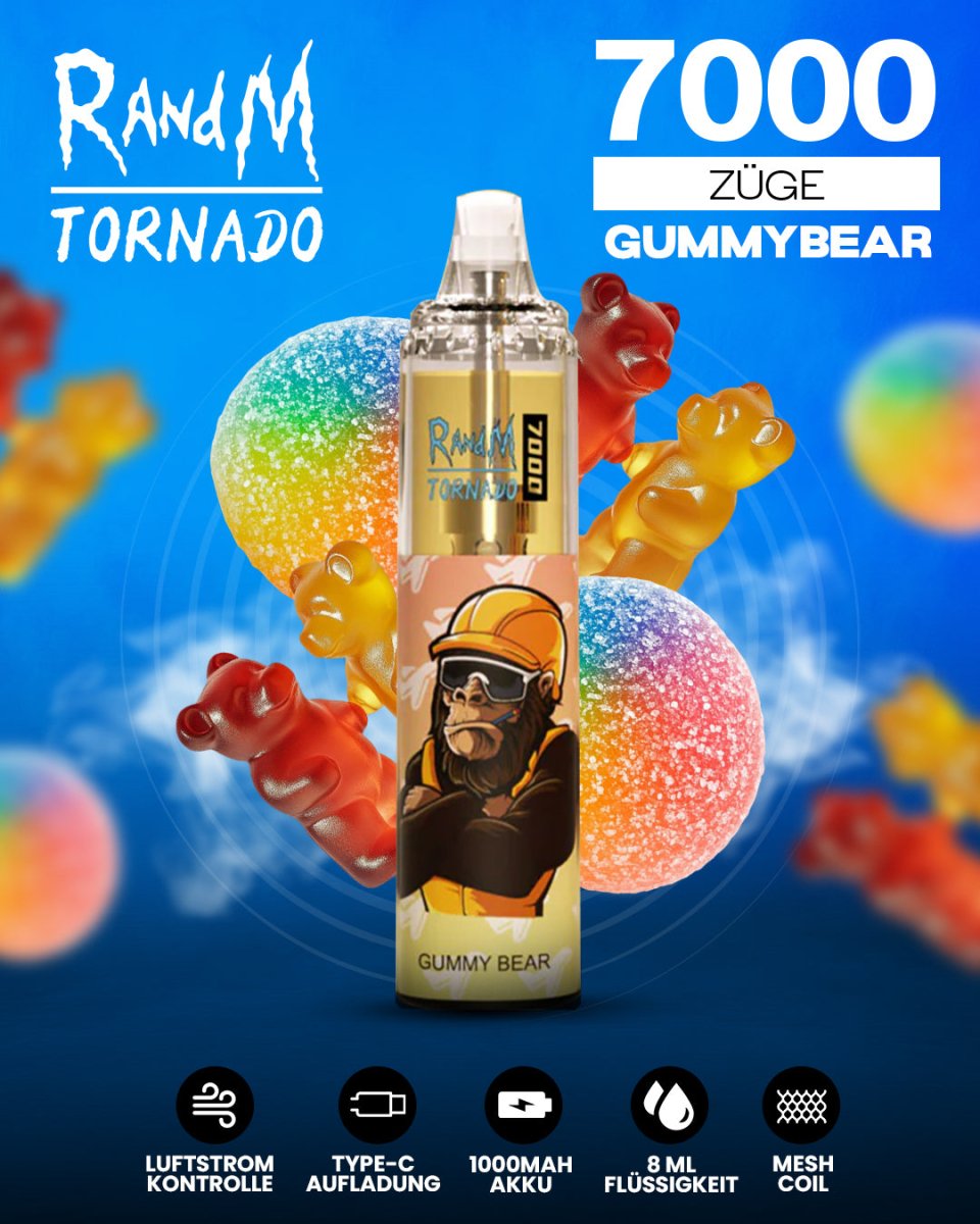 RandM Tornado 7000 Gummybear Einweg-Vape mit 7000 Zügen und süßem Gummibärchen-Geschmack