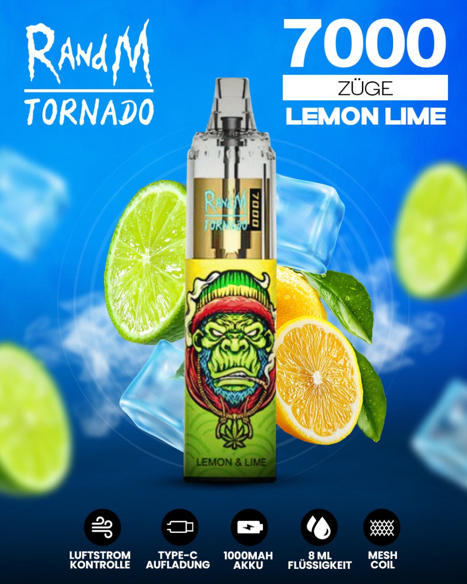 RandM Tornado 7000 Lemon Lime Einweg-Vape mit 7000 Zügen und spritzig-erfrischendem Zitronen-Limetten-Aroma