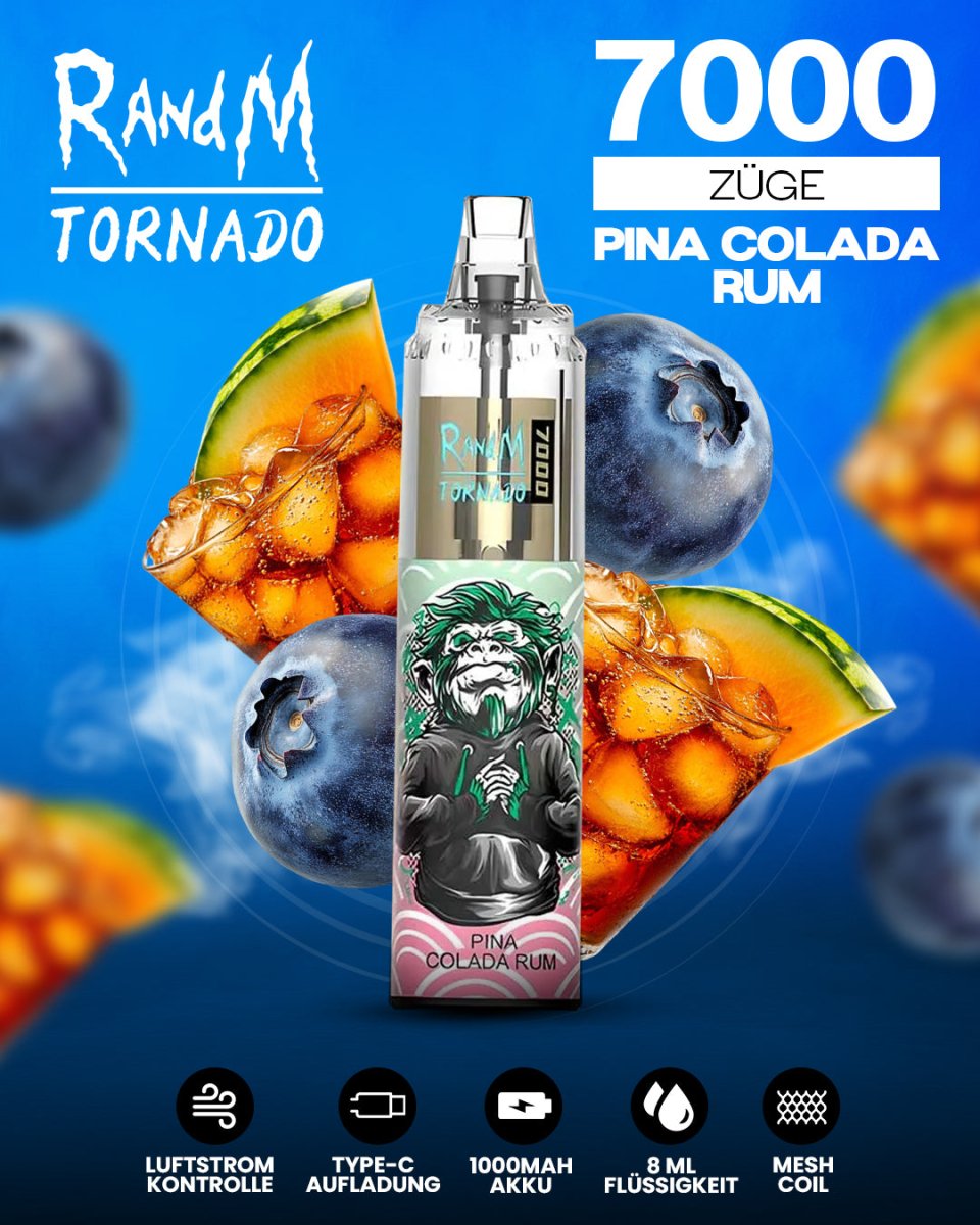 RandM Tornado 7000 Pina Colada Rum Einweg-Vape mit 7000 Zügen und cremig-tropischem Pina-Colada-Rum-Geschmack