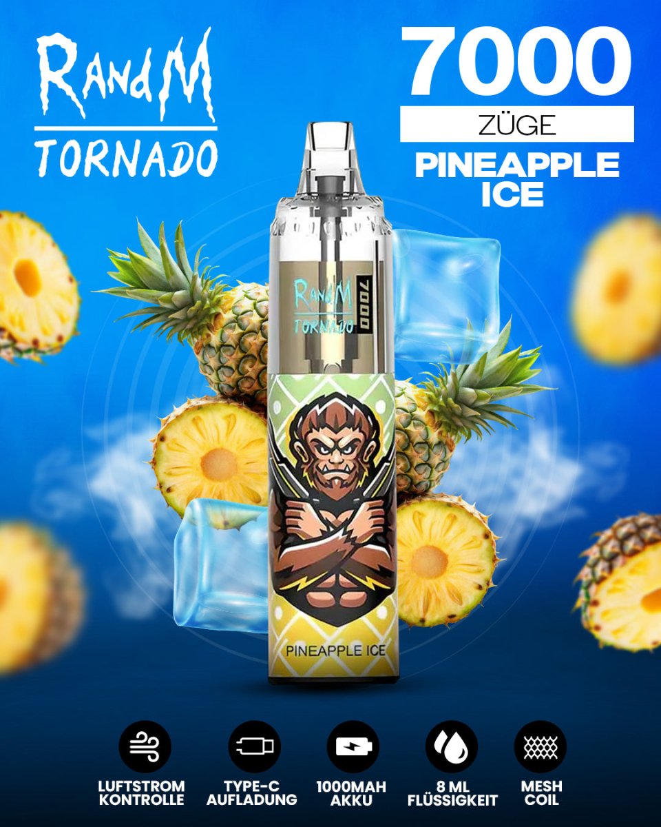RandM Tornado 7000 Pineapple Ice Einweg-Vape mit 7000 Zügen und tropisch-erfrischendem Ananas-Menthol-Geschmack
