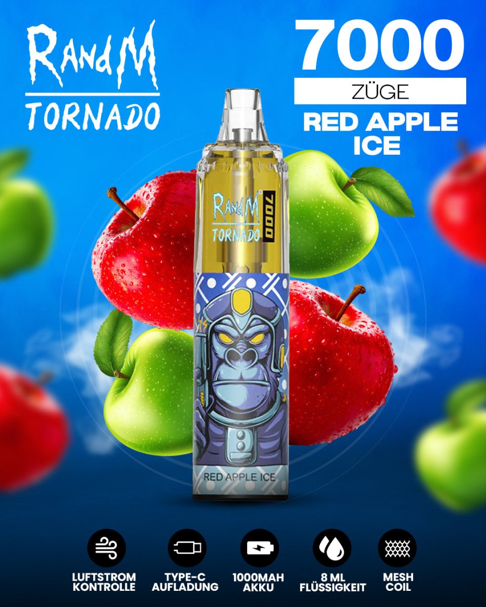 RandM Tornado 7000 Red Apple Ice Einweg-Vape mit 7000 Zügen und eiskalt-fruchtigem Rot-Apfel-Geschmack