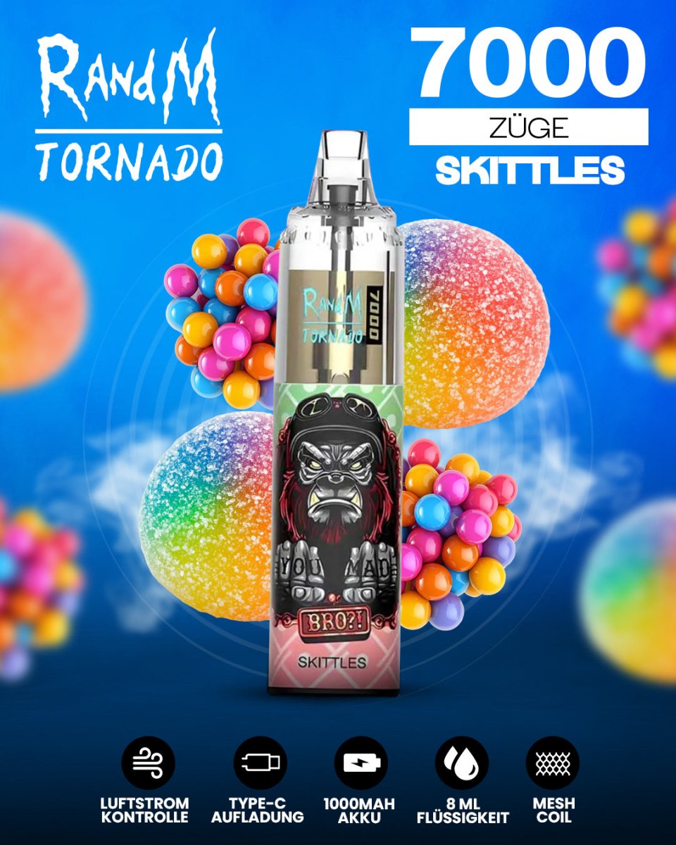 RandM Tornado 7000 Skittles Einweg-Vape mit 7000 Zügen und fruchtig-buntem Skittles-Bonbon-Geschmack
