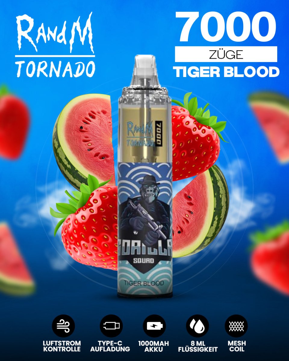 RandM Tornado 7000 Tiger Blood Einweg-Vape mit 7000 Zügen und tropisch-süßem Tiger-Blood-Geschmack (Wassermelone, Erdbeere, Kokos)