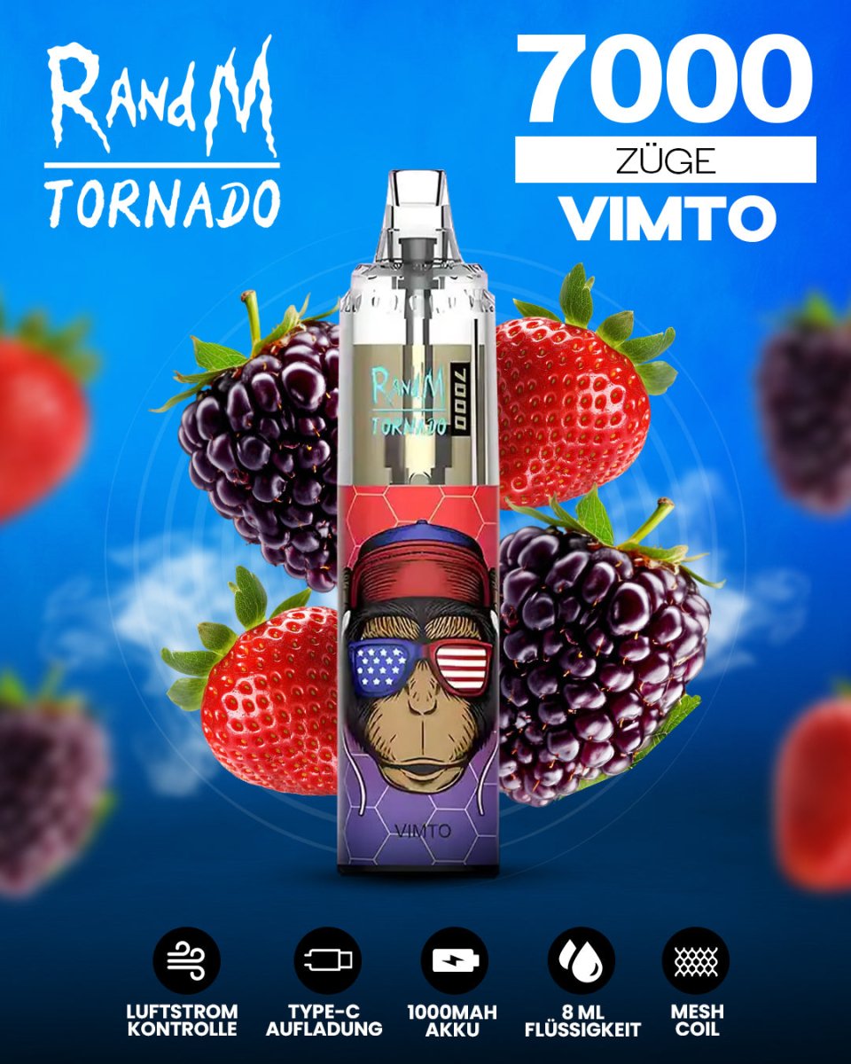 RandM Tornado 7000 Vimto Einweg-Vape mit 7000 Zügen und fruchtig-süßem Beeren-Trauben-Geschmack