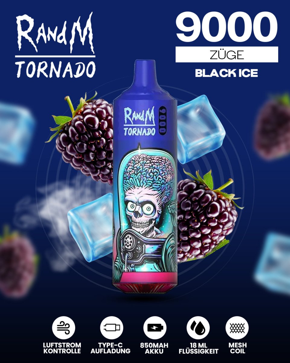 RandM Tornado Prime 9000 - Black Ice Einweg-Vape mit 9.000 Zügen und intensiver Mischung aus dunklen Beeren und erfrischender Eisnote für ein langanhaltendes, kühles Dampferlebnis.