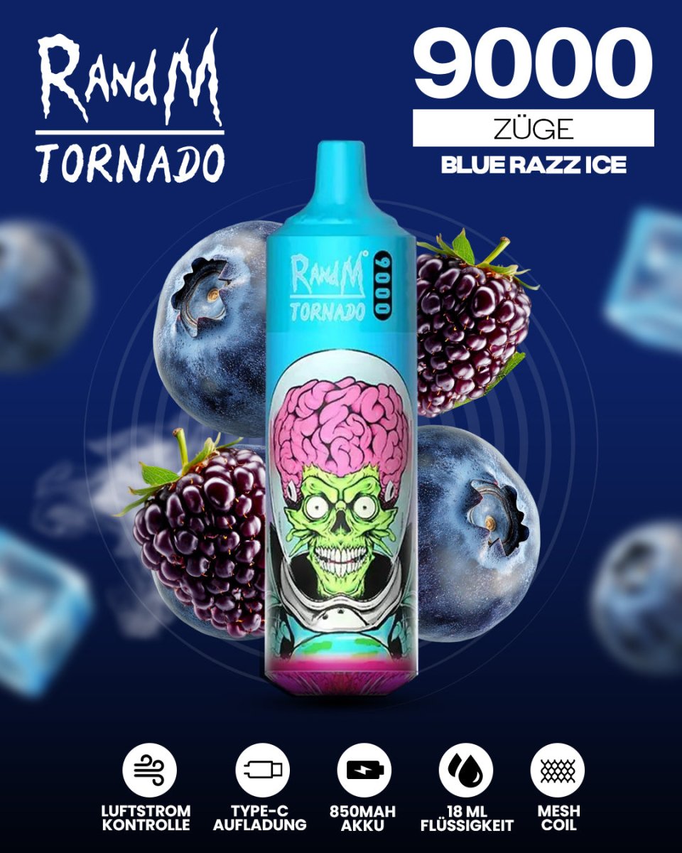  RandM Tornado Prime 9000 - Blue Razz Ice Einweg-Vape mit 9.000 Zügen, intensivem Blaubeer-Himbeer-Geschmack und einer erfrischenden Eisnote für ein fruchtig-kühles Dampferlebnis.