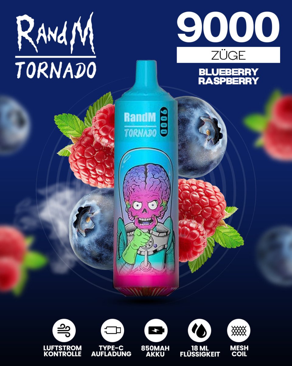 RandM Tornado Prime 9000 - Blueberry Raspberry Einweg-Vape mit 9.000 Zügen und einer intensiven Kombination aus süßen Blaubeeren und saftigen Himbeeren für ein fruchtiges Dampferlebnis.