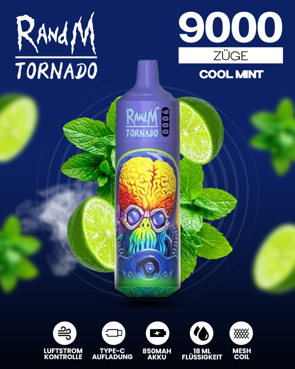 RandM Tornado Prime 9000 - Cool Mint Einweg-Vape mit 9.000 Zügen und intensiver Minzfrische für ein erfrischendes und belebendes Dampferlebnis.