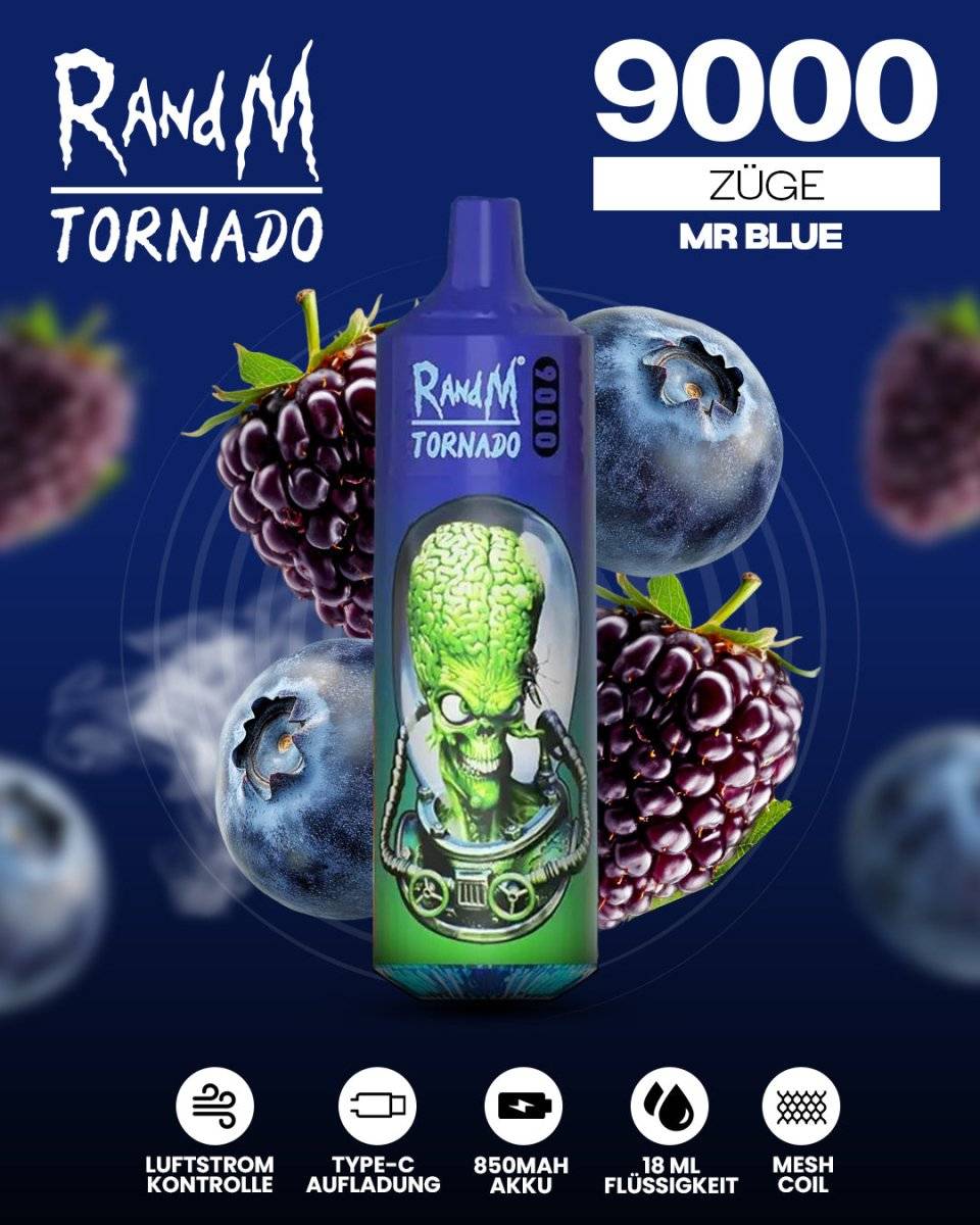 RandM Tornado Prime 9000 - Mr. Blue Einweg-Vape mit 9.000 Zügen und intensivem Beerenmix-Geschmack für ein fruchtig-erfrischendes Dampferlebnis.