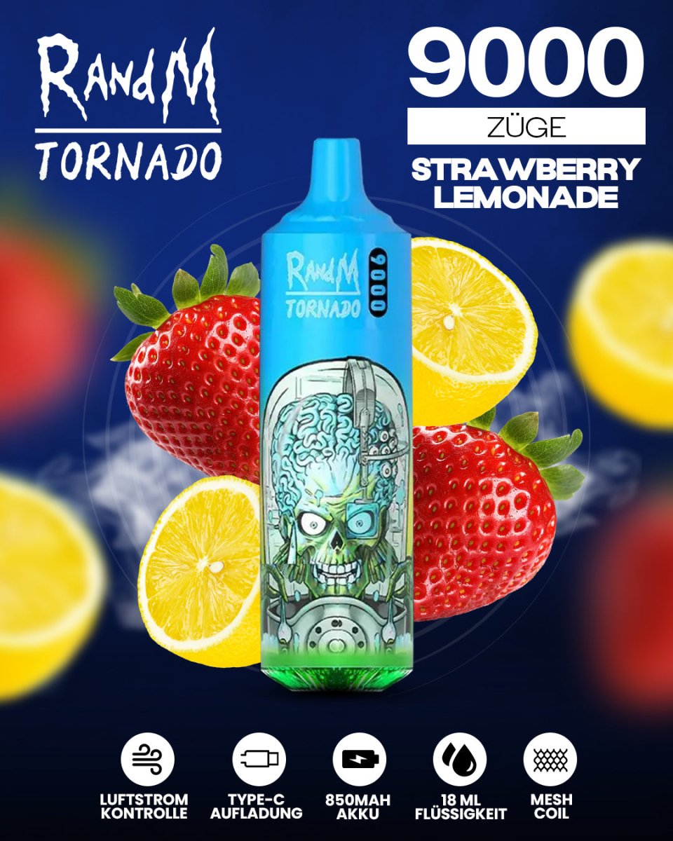  RandM Tornado Prime 9000 - Strawberry Lemonade Einweg-Vape mit 9.000 Zügen, erfrischende Mischung aus süßen Erdbeeren und spritziger Zitronenlimonade für ein fruchtig-belebendes Dampferlebnis.