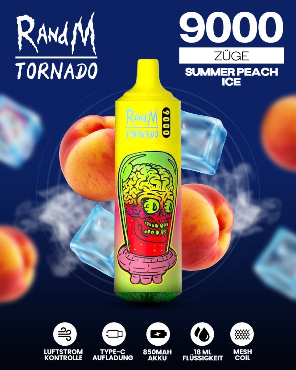 RandM Tornado Prime 9000 - Summer Peach Ice Einweg-Vape mit 9.000 Zügen, saftigem Pfirsichgeschmack und einer erfrischenden Eisnote für ein kühles, sommerliches Dampferlebnis.