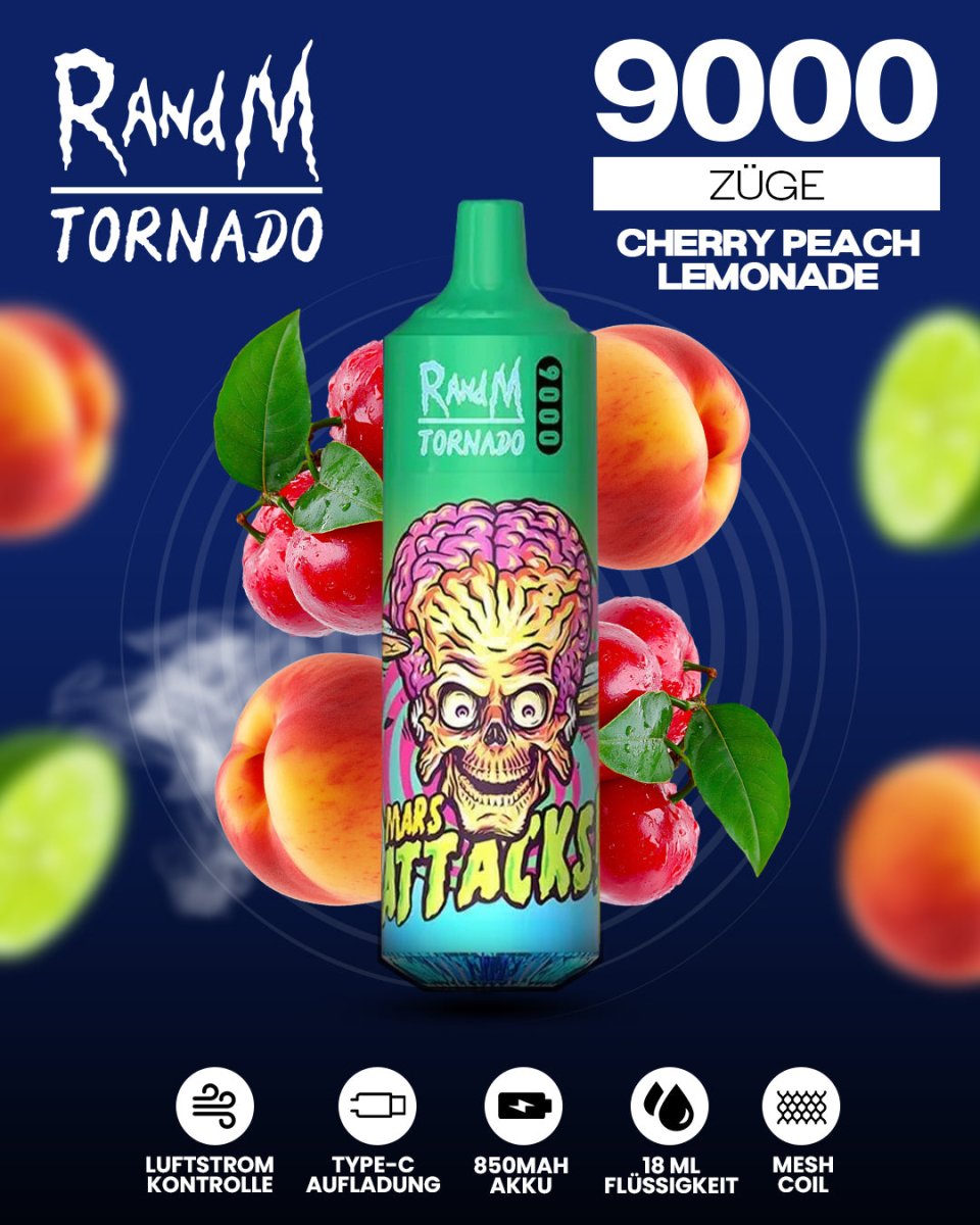 RandM Tornado Prime 9000 - Cherry Peach Lemonade Einweg-Vape mit 9.000 Zügen und fruchtiger Kombination aus süßer Kirsche, saftigem Pfirsich und spritziger Limonade für ein erfrischendes Dampferlebnis.