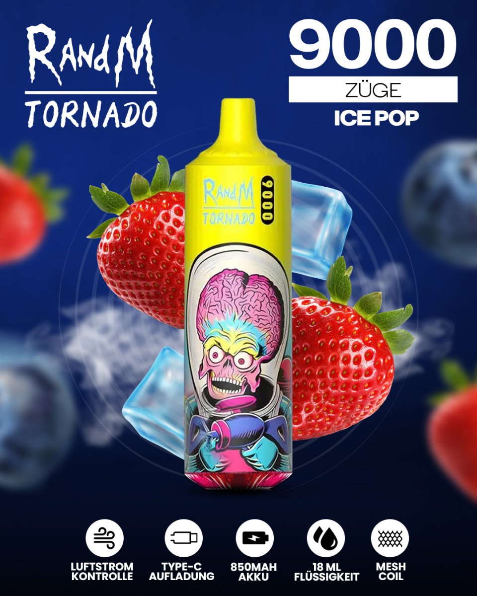 RandM Tornado Prime 9000 - Ice Pop Einweg-Vape mit 9.000 Zügen, erfrischender Mix aus fruchtiger Süße und kühler Eisnote für ein sommerliches Dampferlebnis.