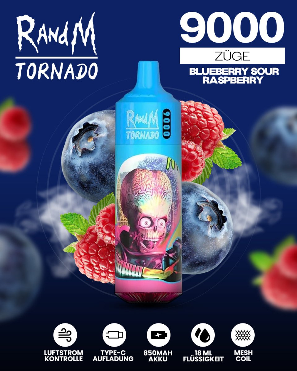 RandM Tornado Prime 9000 - Blueberry Sour Raspberry Einweg-Vape mit 9.000 Zügen, intensiver Blaubeer-Süße und spritzig-säuerlicher Himbeer-Note für ein erfrischendes Dampferlebnis.