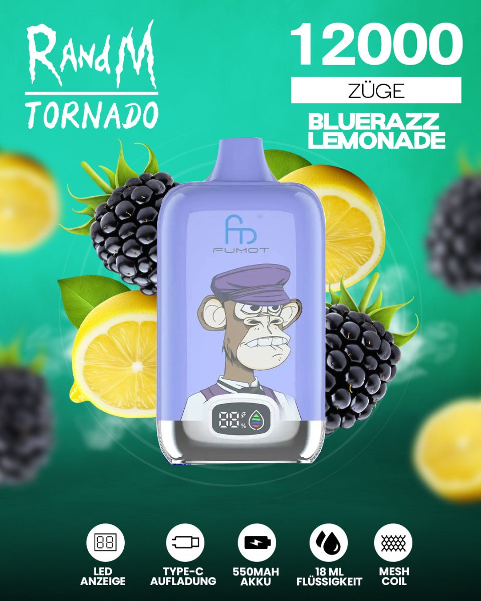 RandM Tornado 12000 - Blue Razz Lemonade Einweg-Vape mit 12.000 Zügen und erfrischendem Geschmack aus blauer Himbeere und spritziger Limonade für ein süß-säuerliches Dampferlebnis.