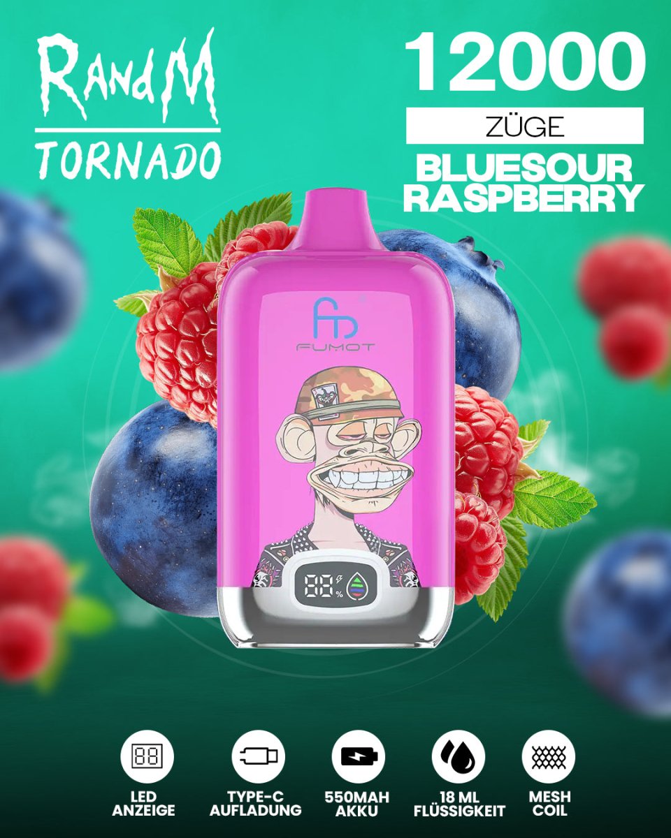 RandM Tornado 12000 - Blueberry Raspberry Einweg-Vape mit 12.000 Zügen und fruchtiger Mischung aus süßen Blaubeeren und spritzigen Himbeeren für ein intensives Dampferlebnis.