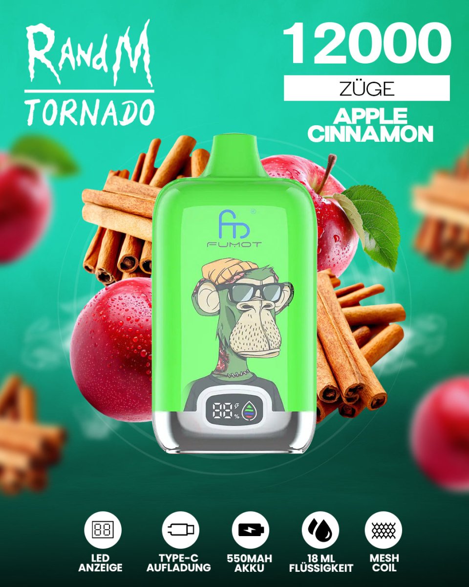 RandM Tornado 12000 - Apple Cinnamon Einweg-Vape mit 12.000 Zügen und würzig-süßer Kombination aus Apfel und Zimt für ein aromatisches Dampferlebnis.