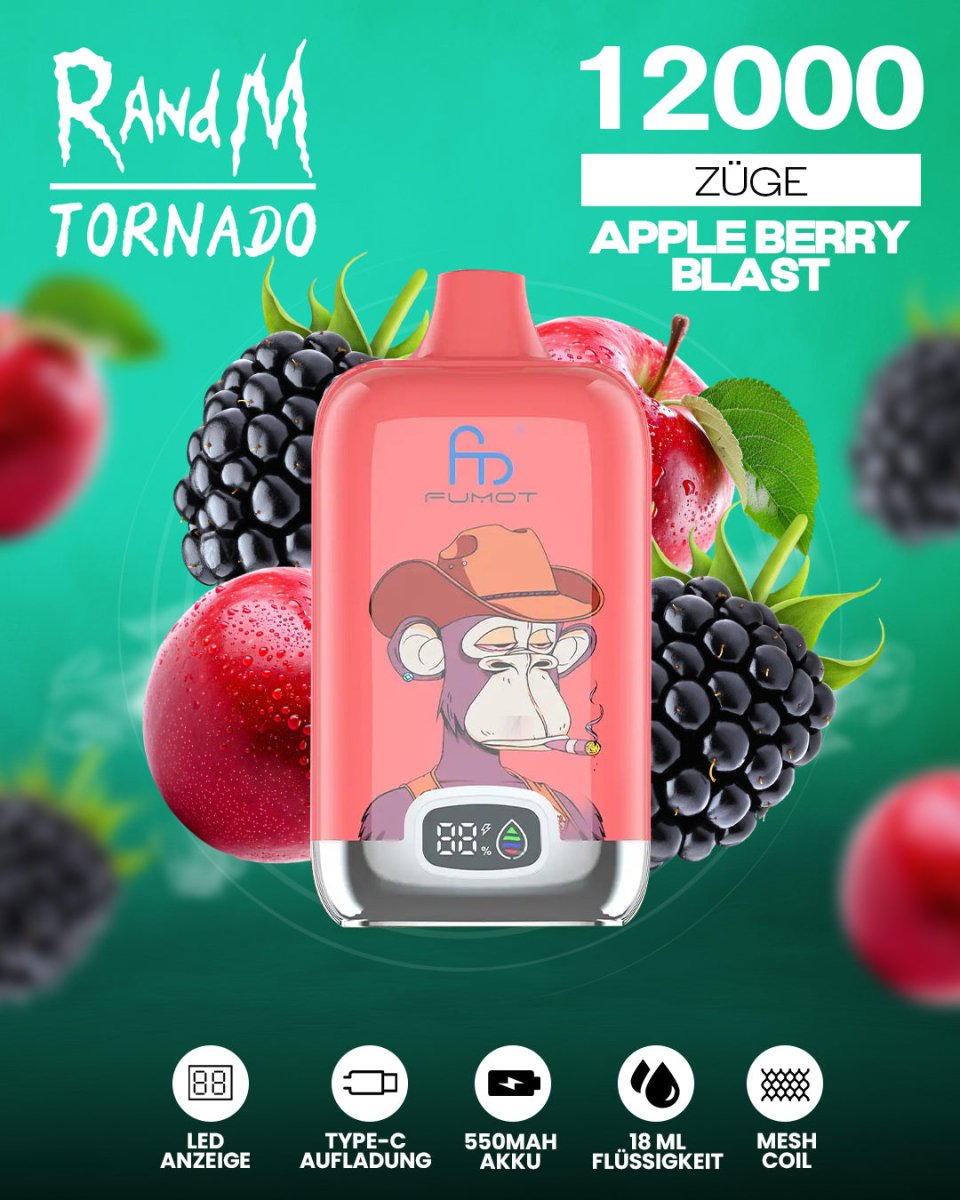 RandM Tornado 12000 - Apple Berry Blast Einweg-Vape mit 12.000 Zügen und einer fruchtigen Mischung aus knackigem Apfel und saftigen Beeren für ein intensives Dampferlebnis.