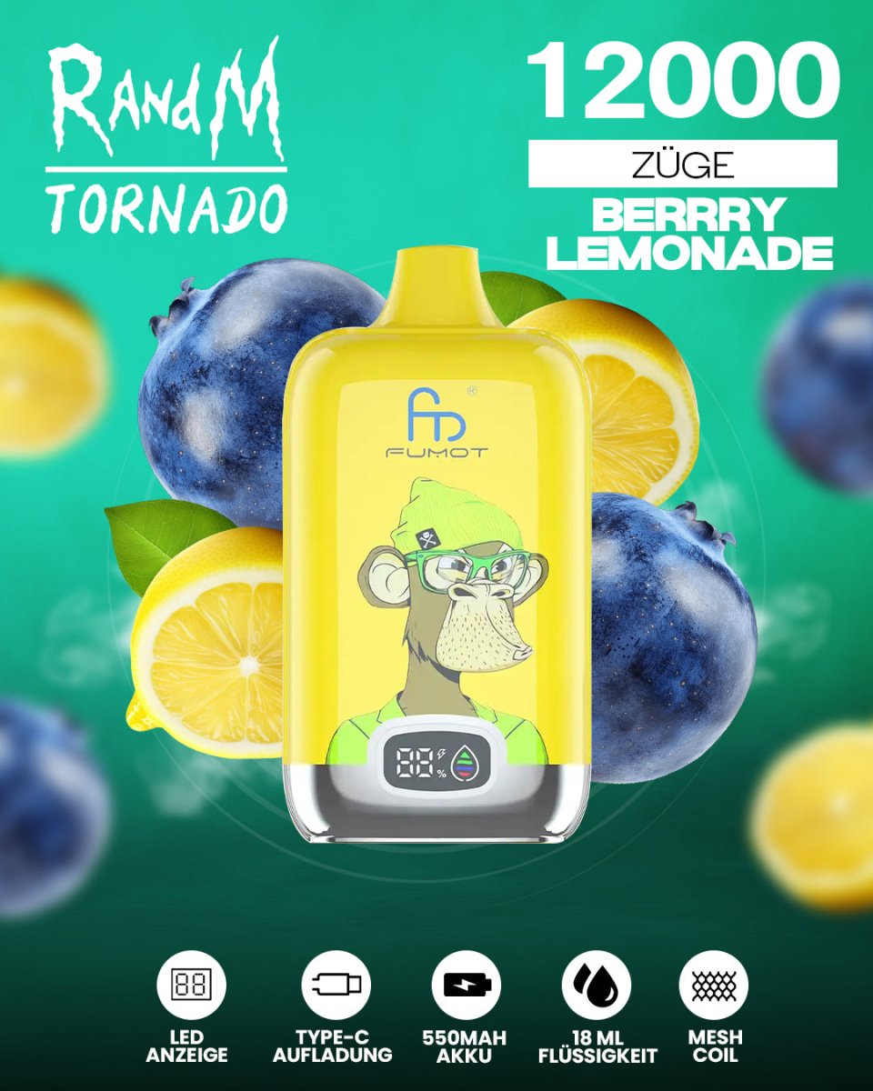 RandM Tornado 12000 - Berry Lemonade Einweg-Vape mit 12.000 Zügen und fruchtig-erfrischendem Beeren-Zitronen-Geschmack.