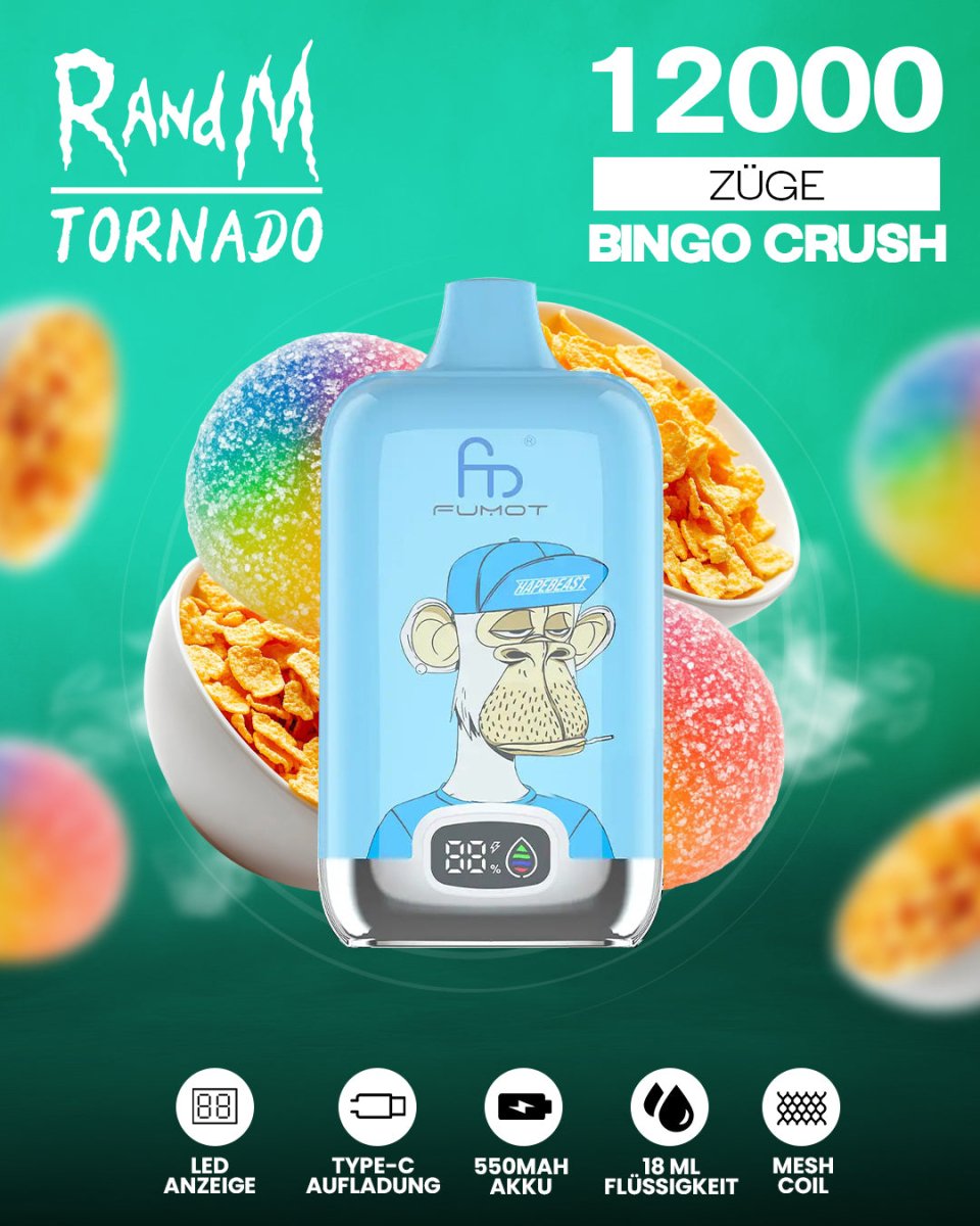 RandM Tornado 12000 - Bingo Crush Einweg-Vape mit 12.000 Zügen und einzigartigem fruchtig-erfrischendem Geschmack für ein intensives Dampferlebnis.