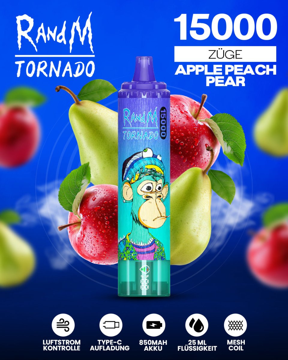 RandM Tornado 15000 Apple Peach Pear Einweg-Vape mit 15000 Zügen und fruchtigem Apfel-Pfirsich-Birnen-Geschmack