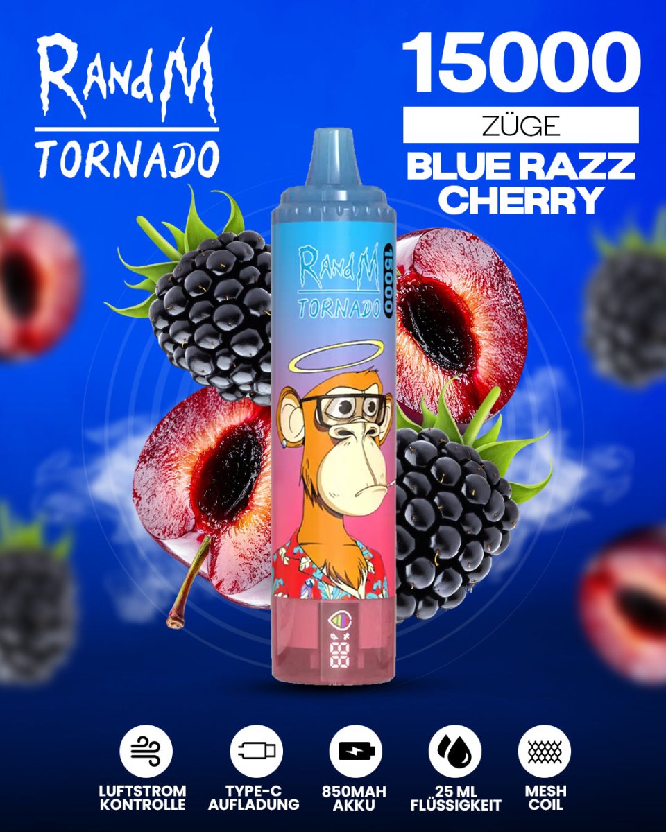 RandM Tornado 15000 Blue Razz Cherry Einweg-Vape mit 15000 Zügen und süß-säuerlichem Blue-Razz-Kirsch-Geschmack