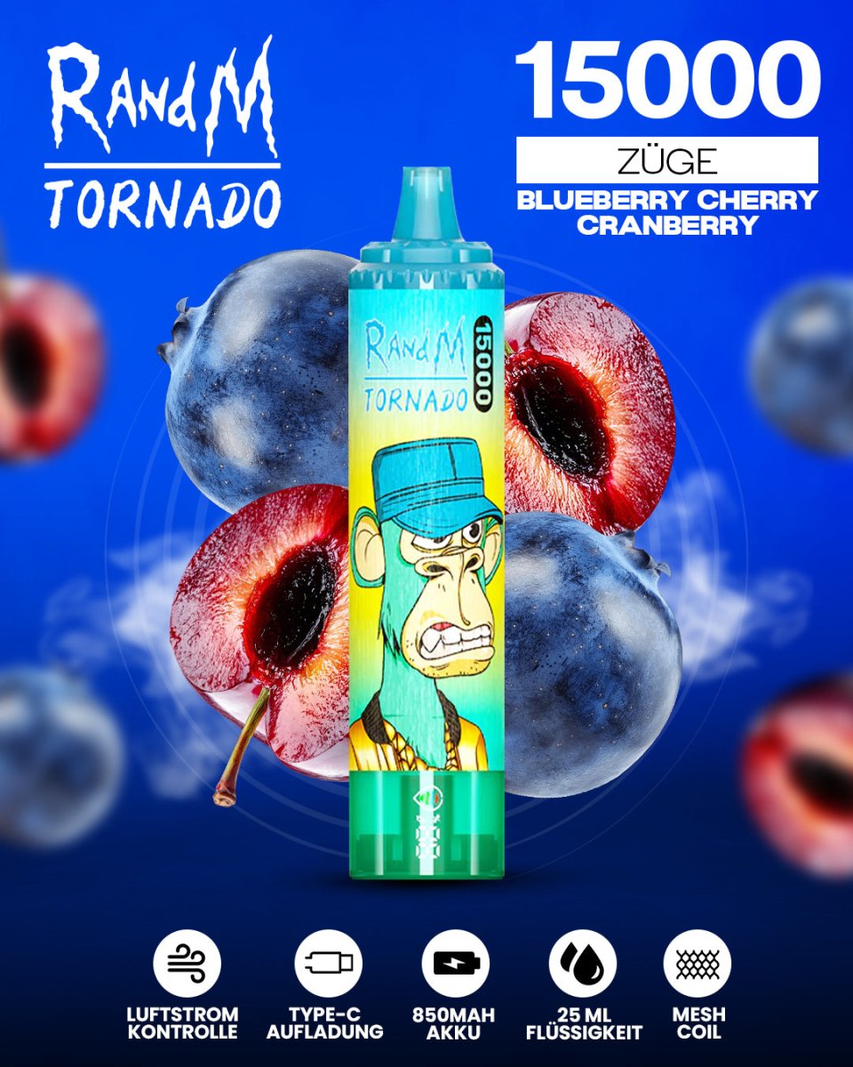 RandM Tornado 15000 Blueberry Cherry Cranberry Einweg-Vape mit 15000 Zügen und fruchtigem Blaubeer-Kirsch-Cranberry-Geschmack