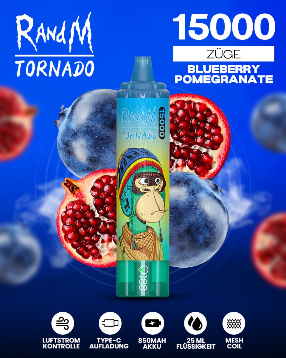 RandM Tornado 15000 Blueberry Pomegranate Einweg-Vape mit 15000 Zügen und fruchtigem Blaubeer-Granatapfel-Geschmack