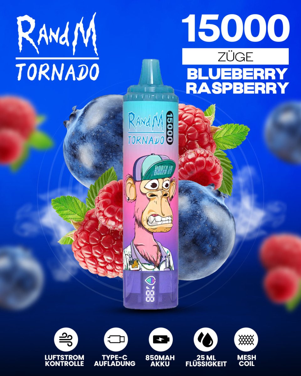 RandM Tornado 15000 Blueberry Raspberry Einweg-Vape mit 15000 Zügen und fruchtig-intensivem Blaubeer-Himbeer-Geschmack