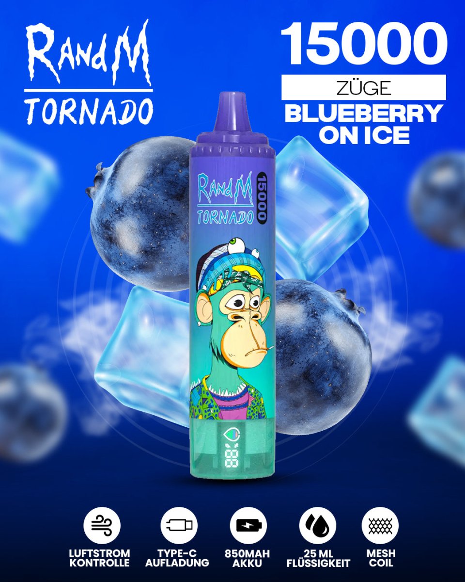 RandM Tornado 15000 Blueberry on Ice Einweg-Vape mit 15000 Zügen und fruchtig-kühlem Blaubeer-Menthol-Geschmack