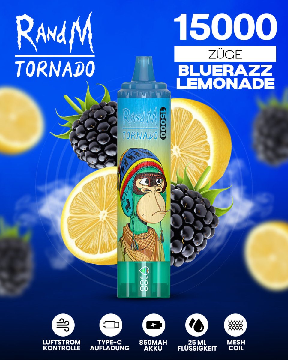 RandM Tornado 15000 Blue Razz Lemonade Einweg-Vape mit 15000 Zügen und süß-säuerlichem Blue-Razz-Limonaden-Geschmack