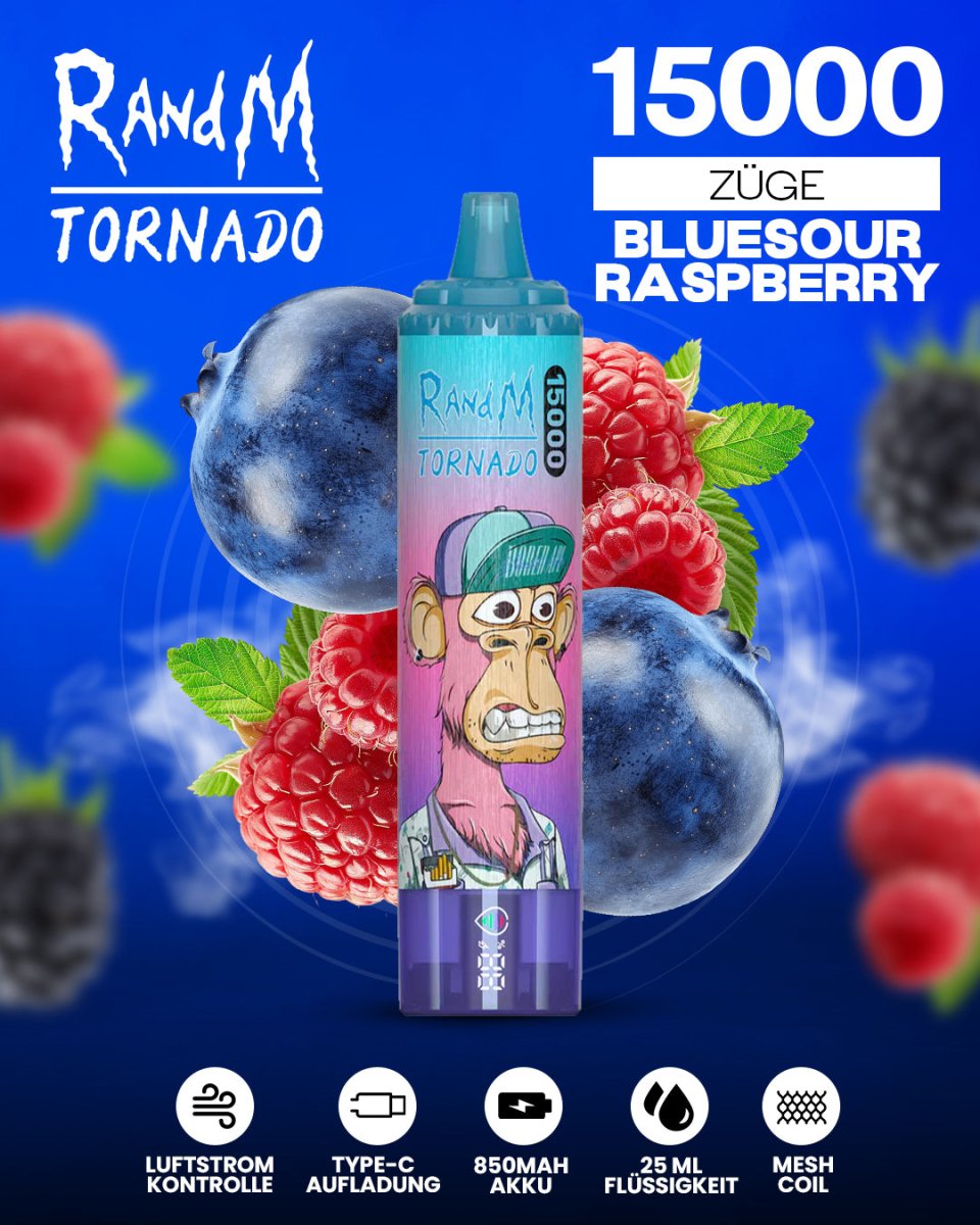 RandM Tornado 15000 Blue Sour Raspberry Einweg-Vape mit 15000 Zügen und süß-säuerlichem Blaubeer-Himbeer-Geschmack